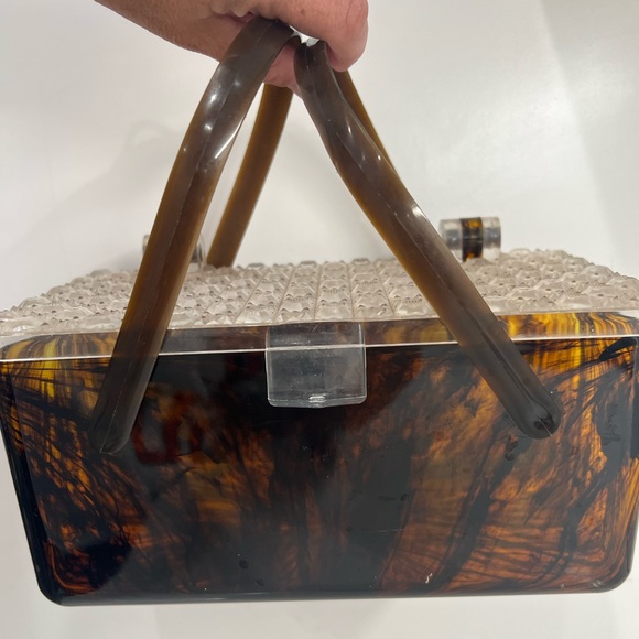 Vintage Lucite Tortoise Amber Box Handbag 1950s Basket Handle Bakelite Purse - Picture 2 of 6